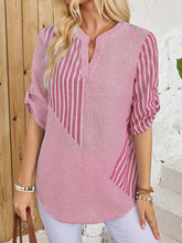 EMERY ROSE Women Striped Print V-Neck Roll-Up Sleeve Shirt